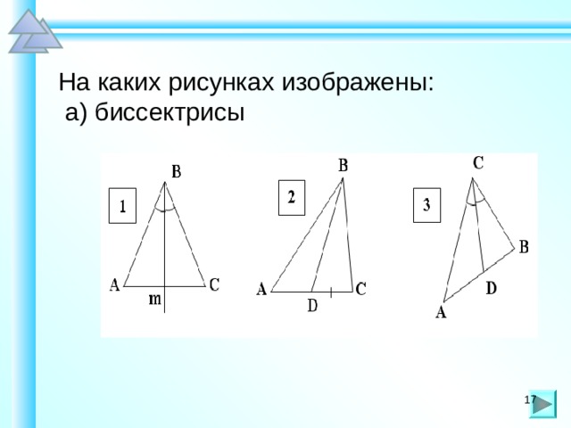 На каких рисунках изображены:  а) биссектрисы Шаблон для создания презентаций к урокам математики. Савченко Е.М. 17 17 