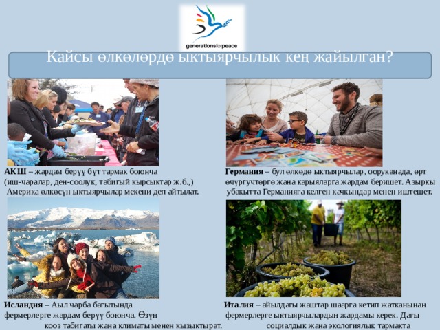 АКШ – жардам берүү бүт тармак боюнча Германия – бул өлкөдө ыктыярчылар, ооруканада, өрт (иш-чаралар, ден-соолук, табигый кырсыктар ж.б.,) өчүргучтөргө жана карыяларга жардам беришет. Азыркы  Америка өлкөсүн ыктыярчылар мекени деп айтылат. убакытта Германияга келген качкындар менен иштешет.          Исландия – Аыл чарба багытында Италия – айылдагы жаштар шаарга кетип жатканынан фермерлерге жардам берүү боюнча. Ɵзүн фермерлерге ыктыярчылардын жардамы керек. Дагы кооз табигаты жана климаты менен кызыктырат. социалдык жана экологиялык тармакта арбын. Кайсы өлкөлөрдө ыктыярчылык кең жайылган? 