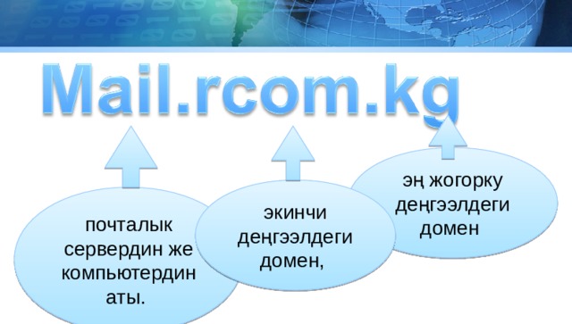 эң жогорку деңгээлдеги домен экинчи деңгээлдеги домен, почталык сервердин же компьютердин аты. 