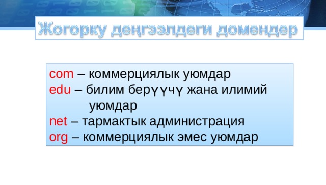 com  – коммерциялык уюмдар edu  – билим берүүчү жана илимий  уюмдар net  – тармактык администрация org  – коммерциялык эмес уюмдар 