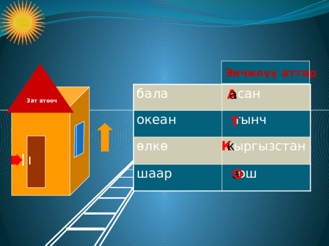 Энчилүү аттар Зат атооч а А бала  сан океан  тынч өлкө  ыргызстан шаар  ош Т К к а О 