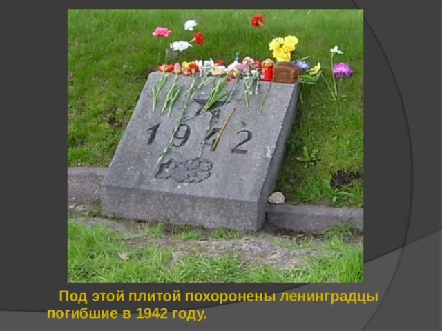  Под этой плитой похоронены ленинградцы  погибшие в 1942 году. 