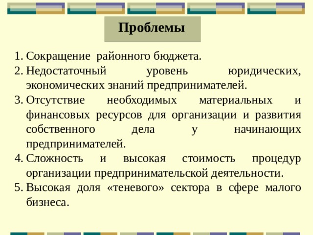  Проблемы Сокращение районного бюджета. Недостаточный уровень юридических, экономических знаний предпринимателей. Отсутствие необходимых материальных и финансовых ресурсов для организации и развития собственного дела у начинающих предпринимателей. Сложность и высокая стоимость процедур организации предпринимательской деятельности. Высокая доля «теневого» сектора в сфере малого бизнеса. 