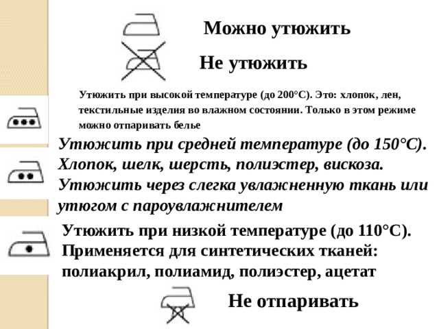 Можно утюжить Не утюжить Утюжить при высокой температуре (до 200°С). Это: хлопок, лен, текстильные изделия во влажном состоянии. Только в этом режиме можно отпаривать белье Утюжить при средней температуре (до 150°С). Хлопок, шелк, шерсть, полиэстер, вискоза. Утюжить через слегка увлажненную ткань или утюгом с пароувлажнителем Утюжить при низкой температуре (до 110°С). Применяется для синтетических тканей: полиакрил, полиамид, полиэстер, ацетат Не отпаривать 