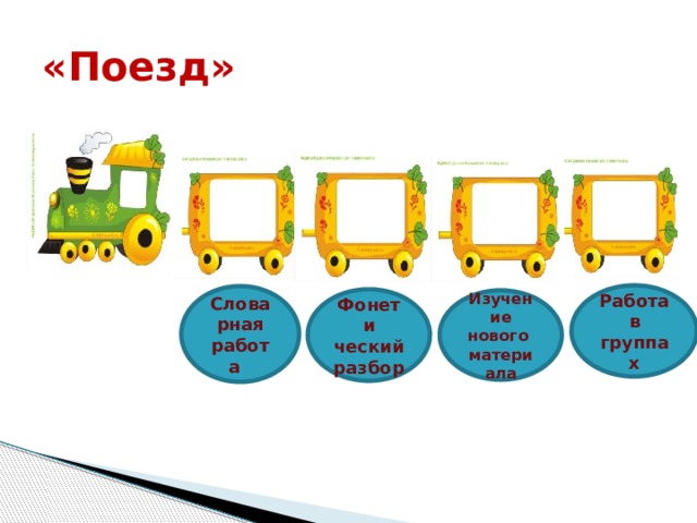 «Поезд» Работа в группах Словарная работа Фонети ческий разбор Изучение нового материала 