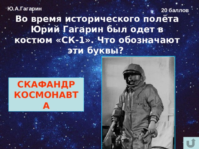 Ю.А.Гагарин 20 баллов Во время исторического полёта Юрий Гагарин был одет в костюм «СК-1». Что обозначают эти буквы? СКАФАНДР КОСМОНАВТА 