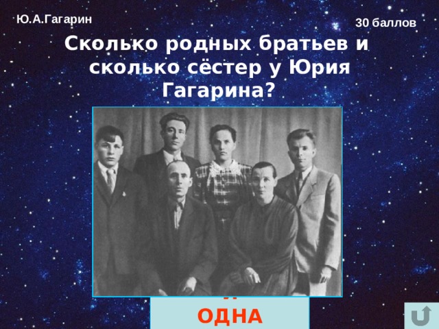 Ю.А.Гагарин 30 баллов Сколько родных братьев и сколько сёстер у Юрия Гагарина?  ДВА БРАТА И ОДНА СЕСТРА 