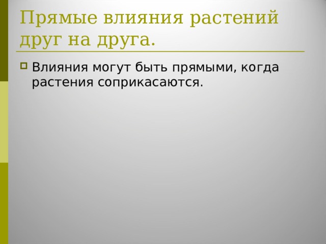 Прямые влияния растений друг на друга. Влияния могут быть прямыми, когда растения соприкасаются.  