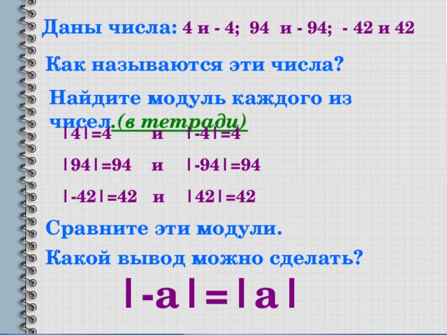 Даны числа: 4 и - 4; 94 и - 94; - 42 и 42 Как называются эти числа? Найдите модуль каждого из чисел .(в тетради) |4|=4 и |-4|=4 |94|=94   и |-94|=94 |-42|=42 и |42|=42 Сравните эти модули. Какой вывод можно сделать? | -а |=|a|    