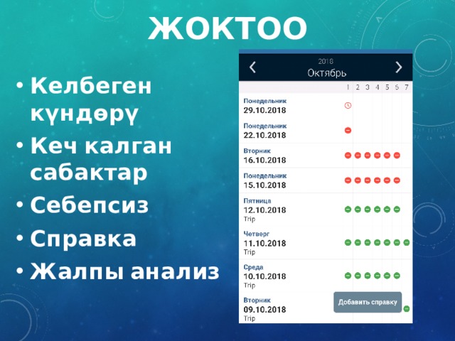 Жоктоо Келбеген  күндөрү Кеч  калган  сабактар Себепсиз Справка Жалпы  анализ 