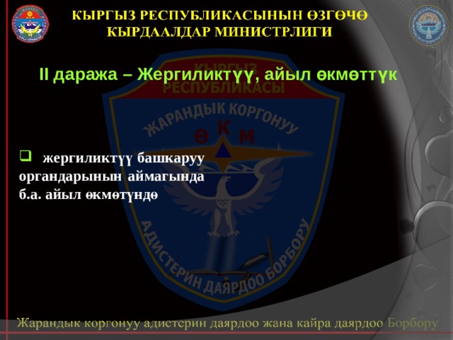 II даража – Жергиликтүү, айыл өкмөттүк   жергиликтүү башкаруу органдарынын аймагында б.а. айыл өкмөтүндө 