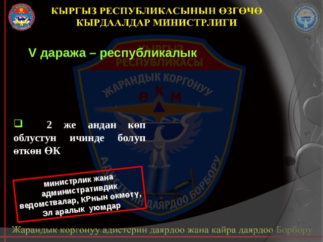 министрлик жана  административдик ведомствалар, КРнын өкмөтү, Эл аралык уюмдар V даража – республикалык   2 же андан көп облустун ичинде болуп өткөн ӨК 