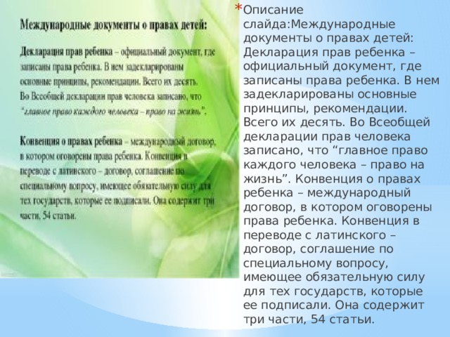 Описание слайда:Международные документы о правах детей: Декларация прав ребенка – официальный документ, где записаны права ребенка. В нем задекларированы основные принципы, рекомендации. Всего их десять. Во Всеобщей декларации прав человека записано, что “главное право каждого человека – право на жизнь”. Конвенция о правах ребенка – международный договор, в котором оговорены права ребенка. Конвенция в переводе с латинского – договор, соглашение по специальному вопросу, имеющее обязательную силу для тех государств, которые ее подписали. Она содержит три части, 54 статьи. 