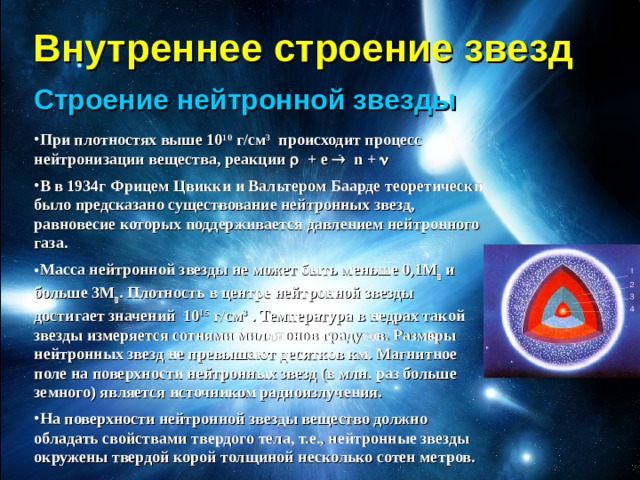 Внутреннее строение звезд Строение нейтронной звезды При плотностях выше 10 10 г/см 3 происходит процесс нейтронизации вещества, реакции  + e  n +  В в 1934г Фрицем Цвикки и Вальтером Баарде теоретически было предсказано существование нейтронных звезд, равновесие которых поддерживается давлением нейтронного газа. Масса нейтронной звезды не может быть меньше 0,1M  и больше 3M  . Плотность в центре нейтронной звезды достигает значений 10 15 г/см 3 . Температура в недрах такой звезды измеряется сотнями миллионов градусов. Размеры нейтронных звезд не превышают десятков км. Магнитное поле на поверхности нейтронных звезд (в млн. раз больше земного) является источником радиоизлучения. На поверхности нейтронной звезды вещество должно обладать свойствами твердого тела, т.е., нейтронные звезды окружены твердой корой толщиной несколько сотен метров. 