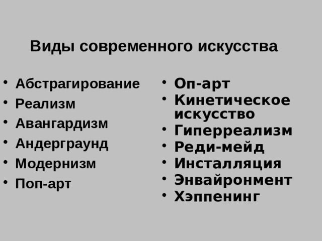  Виды современного искусства   Оп-арт  Кинетическое искусство  Гиперреализм  Реди-мейд  Инсталляция  Энвайронмент  Хэппенинг Абстрагирование     Реализм  Авангардизм Андерграунд  Модернизм  Поп-арт  