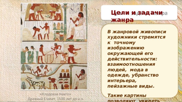 Цели и задачи  жанра В жанровой живописи художники стремятся к точному изображению окружающей его действительности: взаимоотношения людей, мода в одежде, убранство интерьера, пейзажные  виды. Такие картины позволяют увидеть запечатленный мир глазами  современника. «Кладовая  Накта» Древний Египет, 1500 лет до  н.э. 