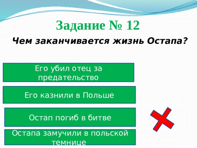 Задание № 12  Чем заканчивается жизнь Остапа? Его убил отец за предательство Его казнили в Польше Остап погиб в битве Остапа замучили в польской темнице 