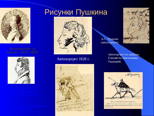 Рисунки Пушкина А.С. Пушкин (автопортрет) Автопортрет (в круге). 1817-1818 гг. Автопортрет из альбома Елизаветы Николаевны Ушаковой. Автопортрет 1828 г. А. С. Пушкин. Автопортрет (исполненный в период ссылки в Михайловское 1824 г.). Пушкин и Онегин. Начало ноября 1824 г. 