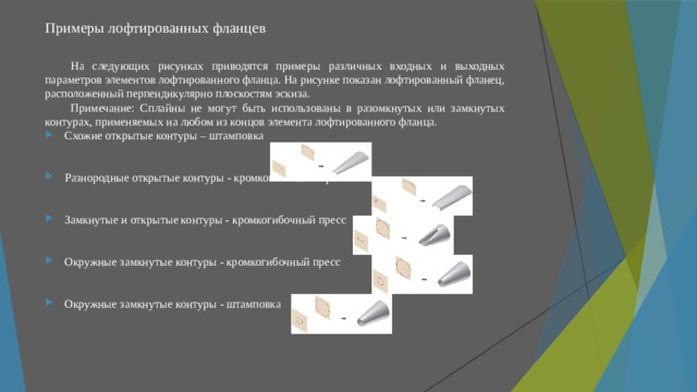 Примеры лофтированных фланцев   На следующих рисунках приводятся примеры различных входных и выходных параметров элементов лофтированного фланца. На рисунке показан лофтированный фланец, расположенный перпендикулярно плоскостям эскиза. Примечание: Сплайны не могут быть использованы в разомкнутых или замкнутых контурах, применяемых на любом из концов элемента лофтированного фланца. Схожие открытые контуры – штамповка Разнородные открытые контуры - кромкогибочный пресс Замкнутые и открытые контуры - кромкогибочный пресс Окружные замкнутые контуры - кромкогибочный пресс Окружные замкнутые контуры - штамповка 