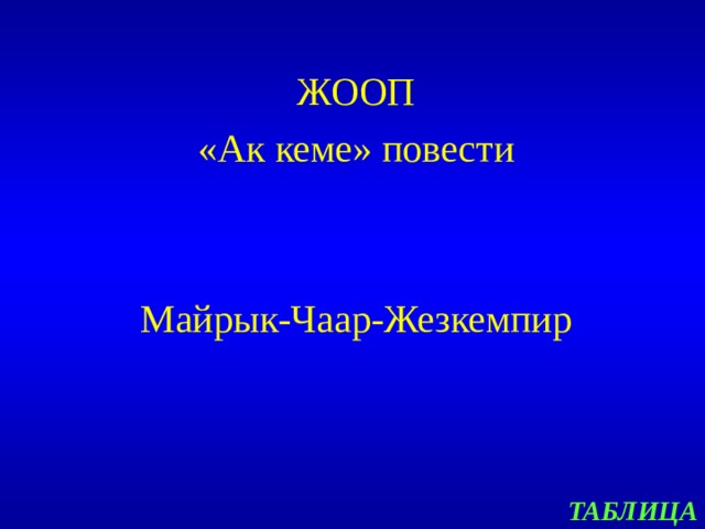 ЖООП «Ак кеме» повести Майрык-Чаар-Жезкемпир ТАБЛИЦА 