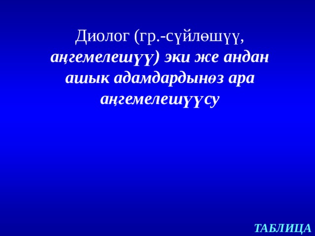 Диолог (гр.-сүйлөшүү, аңгемелешүү) эки же андан ашык адамдардынөз ара аңгемелешүүсу ТАБЛИЦА 