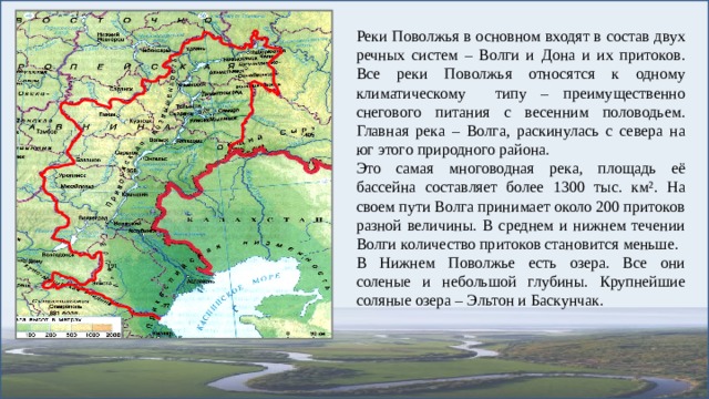 Реки Поволжья в основном входят в состав двух речных систем – Волги и Дона и их притоков. Все реки Поволжья относятся к одному климатическому типу – преимущественно снегового питания с весенним половодьем. Главная река – Волга, раскинулась с севера на юг этого природного района. Это самая многоводная река, площадь её бассейна составляет более 1300 тыс. км². На своем пути Волга принимает около 200 притоков разной величины. В среднем и нижнем течении Волги количество притоков становится меньше. В Нижнем Поволжье есть озера. Все они соленые и небольшой глубины. Крупнейшие соляные озера – Эльтон и Баскунчак. 