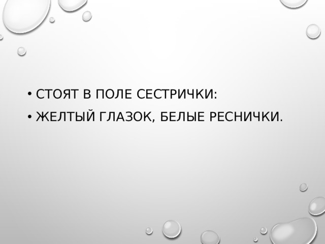 Стоят в поле сестрички: Желтый глазок, белые реснички. 