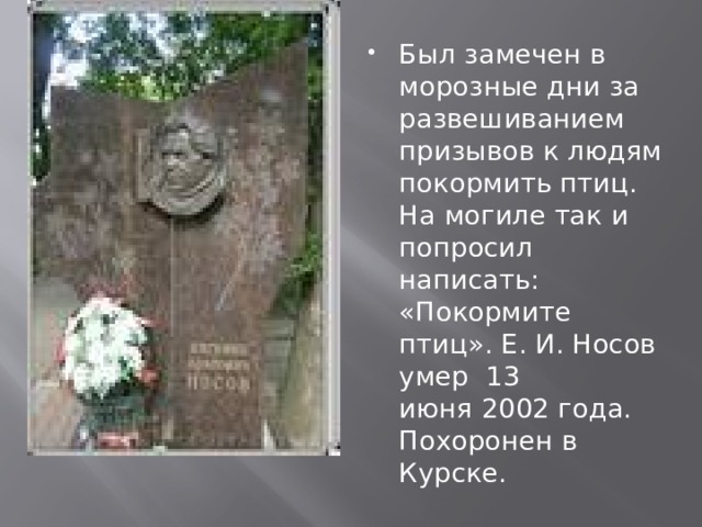 Был замечен в морозные дни за развешиванием призывов к людям покормить птиц. На могиле так и попросил написать: «Покормите птиц». Е. И. Носов умер  13 июня 2002 года. Похоронен в Курске. 