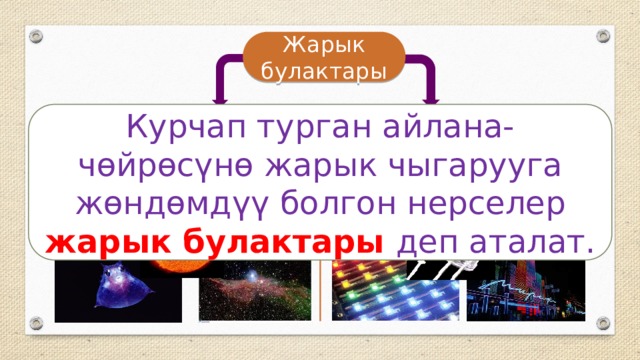 Жарык булактары Курчап турган айлана-чөйрөсүнө жарык чыгарууга жөндөмдүү болгон нерселер жарык булактары деп аталат. Табигый Жасалма  
