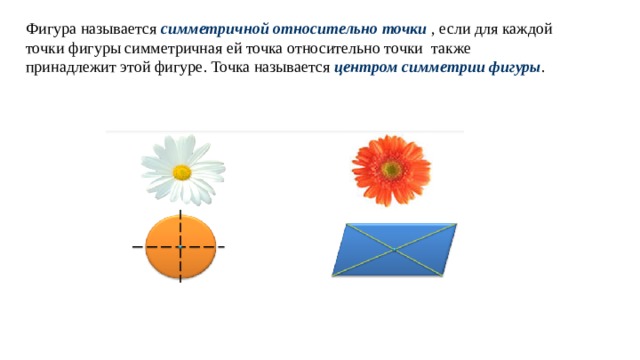Фигура называется симметричной относительно точки ,  если для каждой точки фигуры симметричная ей точка относительно точки также принадлежит этой фигуре. Точка называется центром симметрии фигуры . 