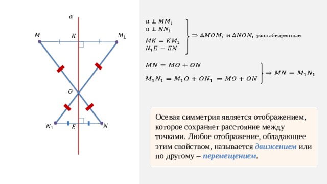                         Осевая симметрия является отображением, которое сохраняет расстояние между точками. Любое отображение, обладающее этим свойством, называется движением или по другому – перемещением .       