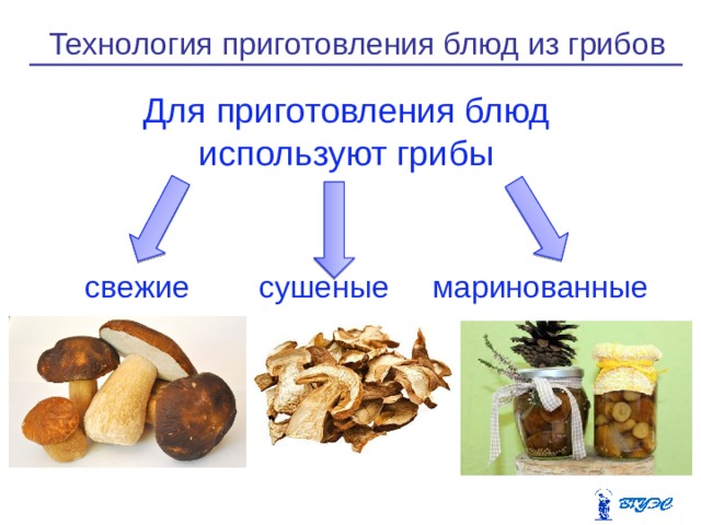 Технология приготовления блюд из грибов Для приготовления блюд используют грибы свежие сушеные маринованные 