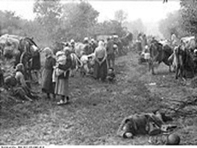 Беженцы уходят по грунтовой дороге рядом с Воронежем, июль 1 942 год. (3 и 4 июля началась массовая эвакуация жителей Воронежа. Они переходили на левый берег и затем по разным дорогам двигались на Восток. )  