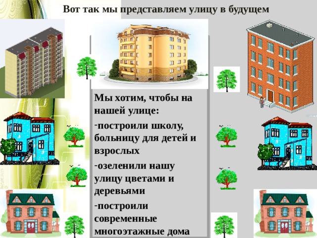  В от так мы представляем улицу в будущем Мы хотим, чтобы на нашей улице: построили школу, больницу для детей и взрослых озеленили нашу улицу цветами и деревьями построили современные многоэтажные дома 