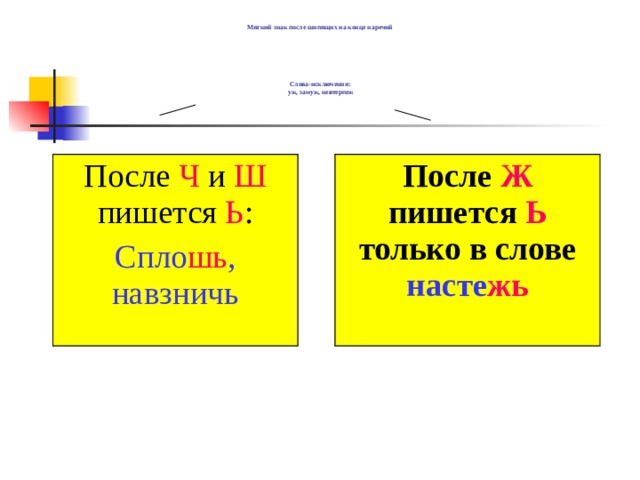 На конце наречий после шипящих пишется ь. Слова на конце жь. Шь или ш как пишется. Слова на ж и жь.