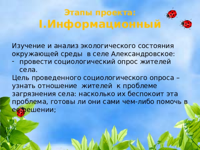 Этапы проекта:  I.Информационный Изучение и анализ экологического состояния окружающей среды в селе Александровское: провести социологический опрос жителей села. Цель проведенного социологического опроса – узнать отношение  жителей  к проблеме загрязнения села: насколько их беспокоит эта проблема, готовы ли они сами чем-либо помочь в ее решении; 