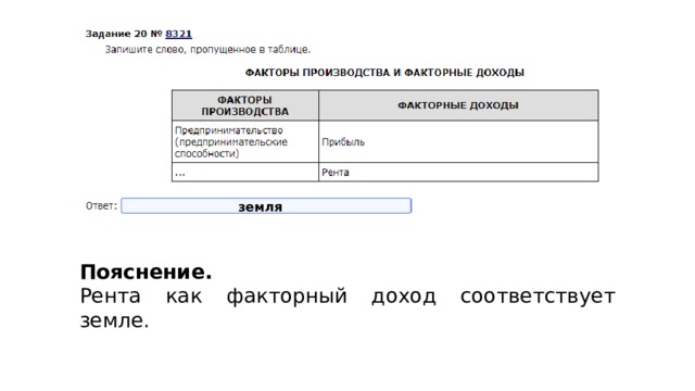 земля Пояснение.  Рента как факторный доход соответствует земле. 