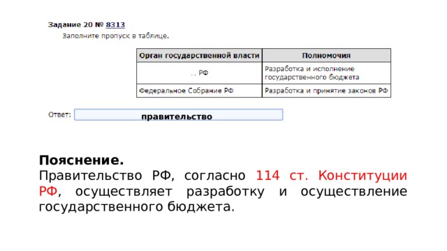 правительство Пояснение.  Правительство РФ, согласно 114 ст. Конституции РФ , осуществляет разработку и осуществление государственного бюджета. 
