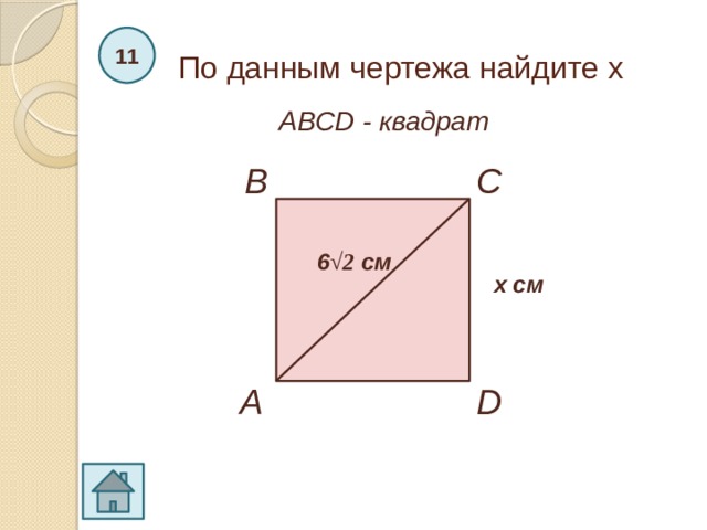По данным чертежа найдите х 11 АВСD - квадрат C B 6 √2 см х см A D 
