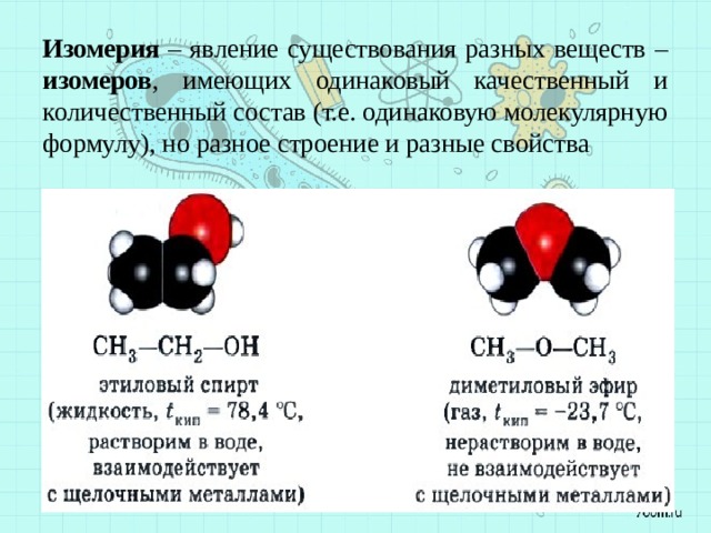 Изомерия – явление существования разных веществ – изомеров , имеющих одинаковый качественный и количественный состав (т.е. одинаковую молекулярную формулу), но разное строение и разные свойства 