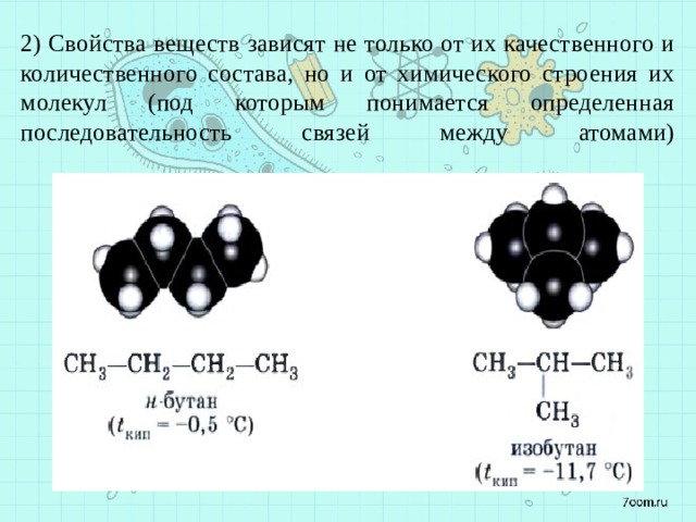 2) Свойства веществ зависят не только от их качественного и количественного состава, но и от химического строения их молекул (под которым понимается определенная последовательность связей между атомами)   