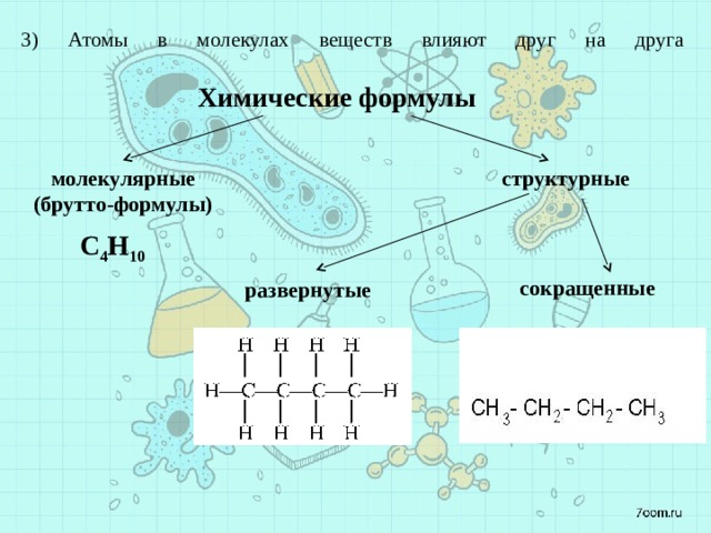 3) Атомы в молекулах веществ влияют друг на друга   Химические формулы молекулярные (брутто-формулы) структурные С 4 Н 10 сокращенные развернутые 
