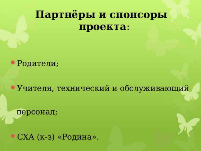     Партнёры и спонсоры проекта : Родители; Учителя, технический и обслуживающий персонал; СХА (к-з) «Родина». 