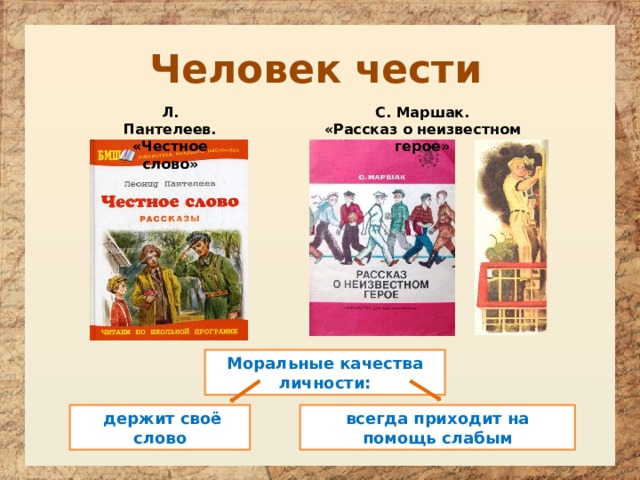 Человек чести Л. Пантелеев. С. Маршак. «Честное слово» «Рассказ о неизвестном герое» Моральные качества личности:  держит своё слово всегда приходит на помощь слабым