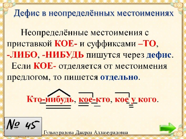 Конспект урока правописание местоимений 6 класс. Дефис в написании местоимений. Дефис в неопределенных местоимениях. Дефиз в неопределённых местоимениях примеры. Дефис в неопределенных местоимениях правило.