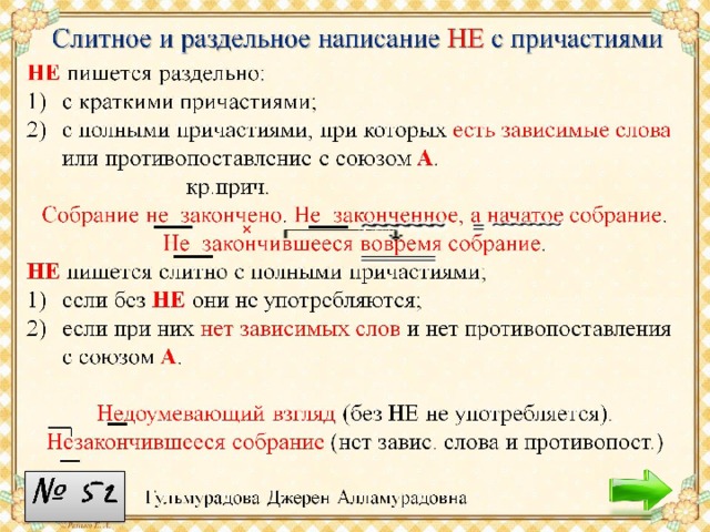 Раздельное написание не с причастиями 7 класс