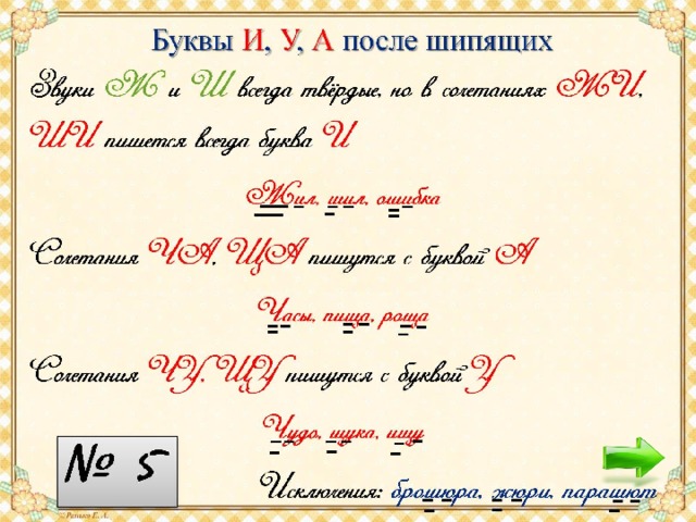 Буквы И ,  У ,  А  после шипящих 