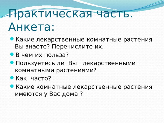 Практическая часть. Анкета: Какие лекарственные комнатные растения Вы знаете? Перечислите их. В чем их польза? Пользуетесь ли Вы лекарственными комнатными растениями? Как часто? Какие комнатные лекарственные растения имеются у Вас дома ? 