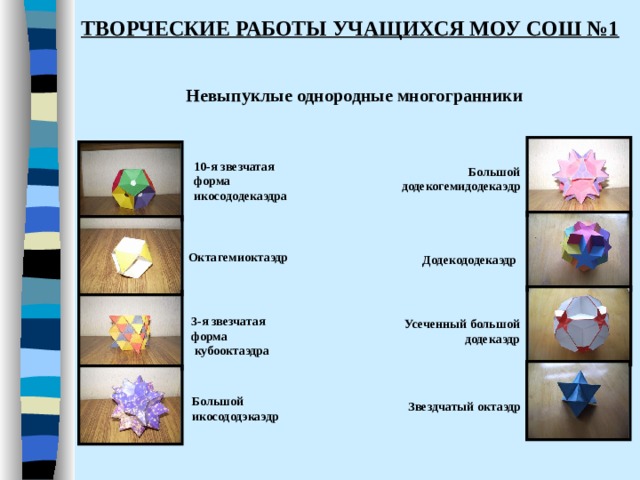 ТВОРЧЕСКИЕ РАБОТЫ УЧАЩИХСЯ МОУ СОШ №1 Невыпуклые однородные многогранники 10-я звезчатая форма икосододекаэдра Большой додекогемидодекаэдр Октагемиоктаэдр Додекододекаэдр 3-я звезчатая форма  кубооктаэдра Усеченный большой  додекаэдр Большой икосододэкаэдр Звездчатый октаэдр 