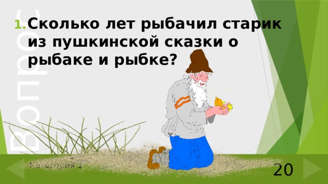 Сколько лет рыбачил старик из пушкинской сказки о рыбаке и рыбке?  20 Категория 1 